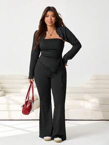 Solflare 3 قطع طقم ملابس علوية أنبوبية ذات لون واحد، وشال، وبنطلون للمقاسات الكبيرة - الأسود - مشاهدة 4