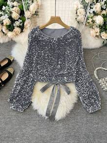 SHEIN LUNE Women's Casual Round Neck Sequin Patchwork Ribbon Party Blouse Sequin Top Sparkle Top Sequin Long Sleeve Top Sparkly Long Sleeve Top Sequins Blouse Sparkly Top Silver Sequin Top Bling Top - Silver - View 9