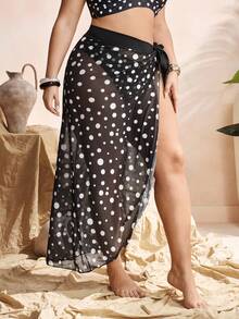 Swim Oasis Plus Size Women Polka Dot Print Side Tie Wrap Top & Skirt Set - Black and White - View 3
