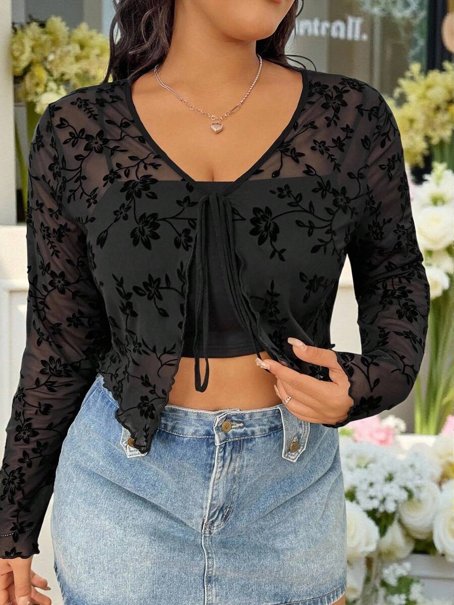 SHEIN EZwear 女裝大尺碼春夏百搭毛絨網紗花朵系帶短款上衣