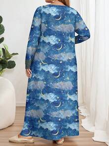 EMERY ROSE Plus Size Women Retro Print Long Sleeve Round Neck Casual Elegant Dress, Suitable For Spring Carnival,Vacation - Multicolor - View 2