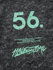 Genkimix Kids Top de manga corta para niños, camiseta de manga corta de cuello redondo de ajuste holgado para niños pequeños, color negro con estampado de copo de nieve desgastado y el número "56" impreso en la espalda, estilo callejero de moda y llamativo adecuado para el verano, salidas casuales, reuniones, uso diario para crear un aspecto fresco y elegante de niño pequeño - Negro - Ver 6
