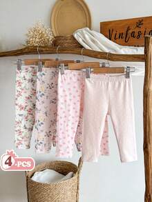 SHEIN Vintaside Kids Bộ 4 quần legging cho bé gái, kiểu dáng thường ngày, kẻ sọc, màu hồng trơn và màu mơ, thoải mái, mềm mại, thân thiện với da, giá cả phải chăng, phù hợp cho bé chơi trong nhà hoặc ngoài trời vào mùa xuân/hè. - Nhiều màu - Xem 5