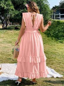 Roveilla Plus Size Women Elegant Solid Color Ruffle Tie Long Dress - Pink - View 2
