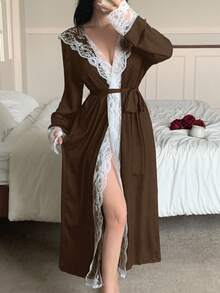 女士休闲优雅蕾丝拼接连帽浴袍 - 棕色 - 查看 5
