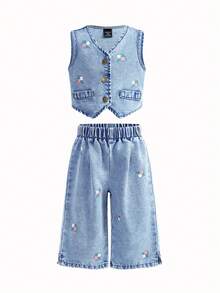SHEIN Bộ đồ HEIN 2 món cho bé gái gồm áo yếm và quần cạp chun, đồ mặc nhà phong cách boho thường ngày, đồ tốt nghiệp/dự tiệc/kỳ nghỉ, đồ mặc mùa thu thoải mái và dễ chịu cho bé. - Màu xanh lam - Xem 8