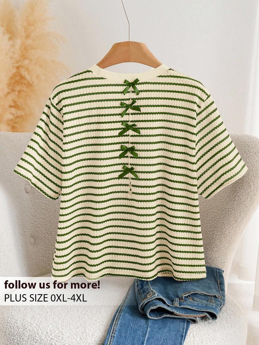 CosyJoli Plus Size French Style Hollow-Out Bow Knit Sweater, Going Out Tops - Green - View 1