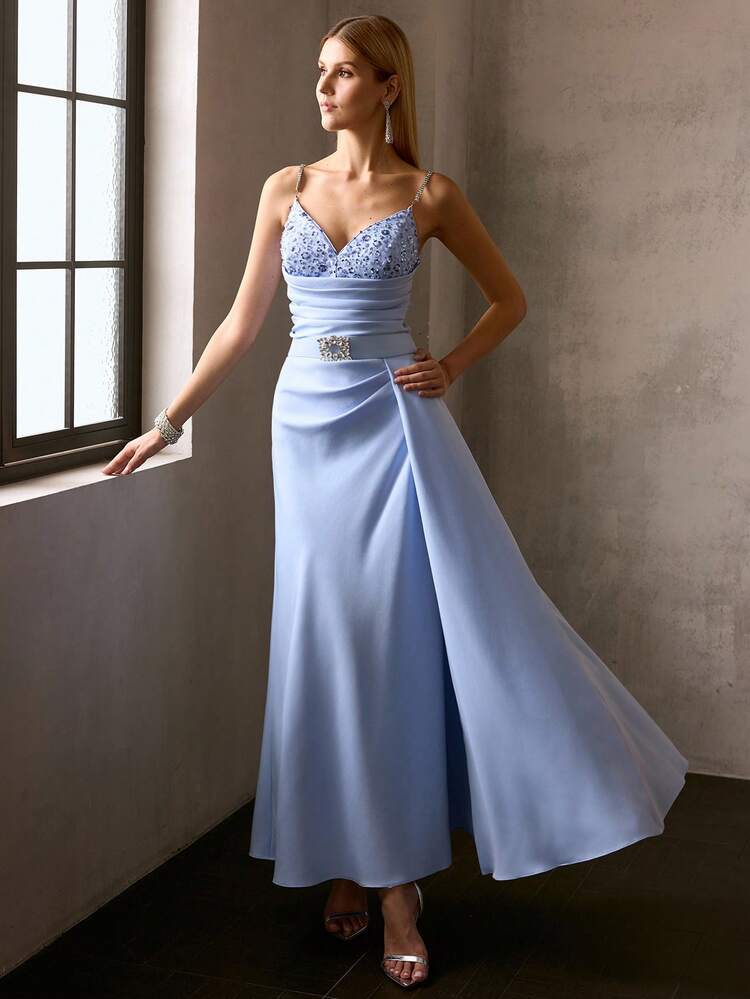 MOTF Soiréza WOMEN'S BLUE SEQUIN MESH PATCHWORK SPAGHETTI STRAP PARTY DRESS, SPRING/SUMMER