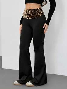 SHEIN Tall 女士时尚休闲豹纹喇叭裤 - 黑色 - 查看 4