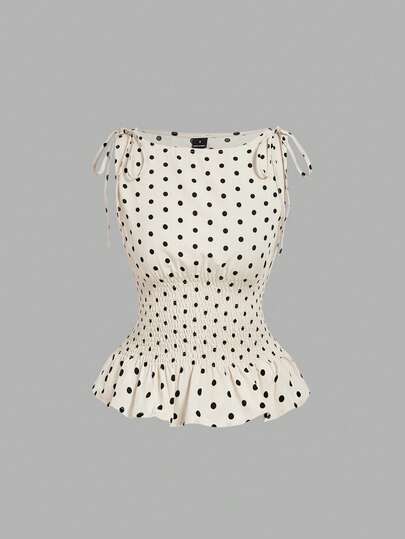 SHEIN MOD Bộ đồ 2 món dành cho nữ: áo không tay và quần short in họa tiết chấm bi tương phản.