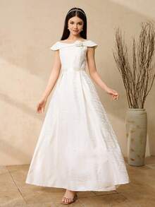 Đầm dạ hội thanh lịch dành cho thiếu nữ, bé gái dự tiệc cưới, đám cưới - Đầm trễ vai bằng vải gấm màu mơ với họa tiết hoa 3D dành cho bé gái tuổi teen, đầm kiểu công chúa với chân váy phồng dành cho các sự kiện ở trường. - Màu be - Xem 4