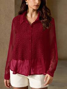 EMERY ROSE Women's Vintage French Style Ruched Patchwork Blouse, Unique Design, Lightweight Sheer Protection Collared Button-Up Long Sleeve Shirt, Spring/Summer - Burgundy - View 5