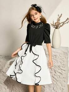 Girls' Elegant Bubble Short Sleeve Dress, Summer - Black - View 5