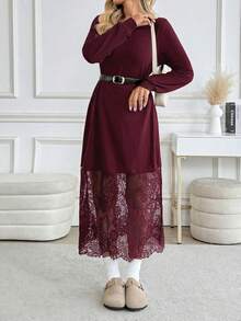 SHEIN LUNE 女士休闲蕾丝拼接长袖中长连衣裙 - 酒紅色 - 查看 3