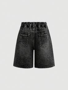SHEIN Girlism 少女Y2K时尚街头风浅蓝色水洗牛仔宽松高腰百慕大短裤，牛仔宽松长款短裤，适合少女夏季音乐会、锐舞派对、毕业典礼、夏季早午餐、海滩度假、乡村音乐会等场合。 - 黑色 - 查看 2
