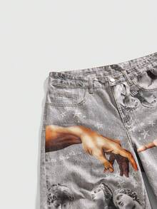 ROMWE MEN Street Life Men's Gesture Print Pocket Loose Casual Denim Shorts - Light Grey - View 3