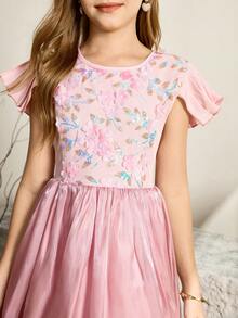Tween Girl Floral 3D Decor Round Neck Cap Sleeve Elegant Dress - Pink - View 7