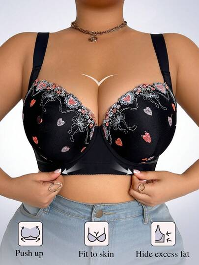 DesireSculpt 1pc Plus Size Black Underwire Lace Bra, Comfortable Supportive Wide Strap Bra