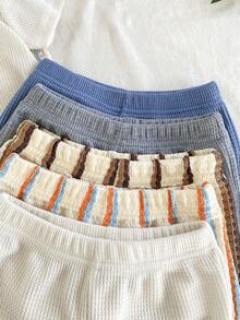 SHEIN Vintaside Kids 5pcs/Set Baby Boy Outfit, Including 5 Textured Knit Short Sleeve Crew Neck Tops And 5 Elastic Waist Textured Knit Shorts. The Top Colors Are Orange & Blue Stripe, Brown & Beige Stripe, Apricot, Hazy Blue, And Dark Gray, With Matching Shorts Colors. Suitable For Spring/Summer, Outdoor Activities, Casual Wear, Fits 6 Months To 2-3 Years Old Baby Boy Sets Waffle Knit Short Sleeve Set - Multicolor - View 8
