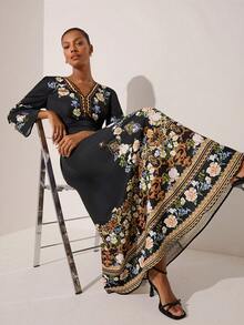 Lilora 女士优雅长款印花V领休闲连衣裙 - 黑色 - 查看 2