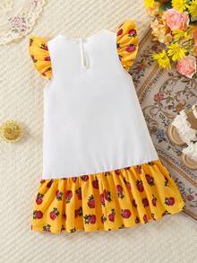 SHEIN Young Girl Star & Moon Cute Cartoon & Ditsy Floral Print Ruffle Hem Dress - White - View 6