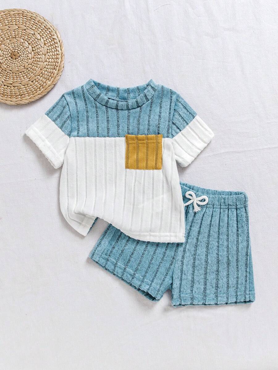 Souflis Souflis 2pcs Baby Boy Ribbed Colorblock Blue & White Top With Pants Set,Casual Summer Outfit For Toddler Boy,Knitted Beach Wear,Comfortable Two Piece Set