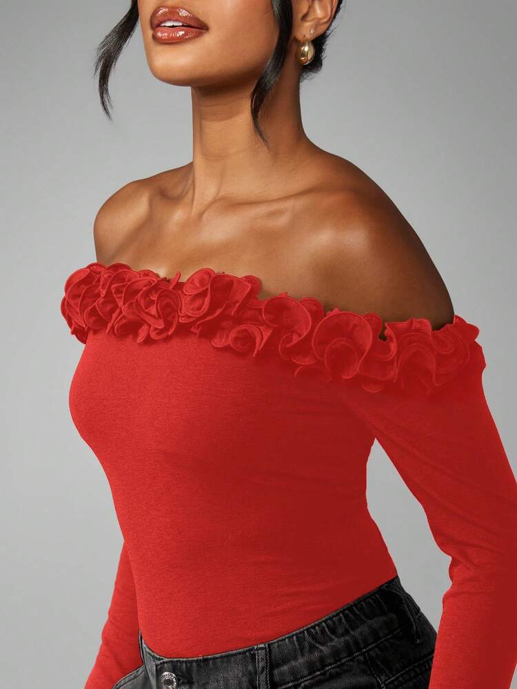 MISSGUIDED Off Shoulder Ruffle Trim Bardot Long Sleeve Bodysuit Valentine Floral Applique Evening Party Top