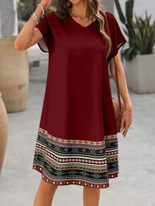 EMERY ROSE 休闲简约风红色拼接几何图案复古印花女式短袖中长连衣裙，几何复古印花，适合春夏穿着 - 彩色 - 查看 3