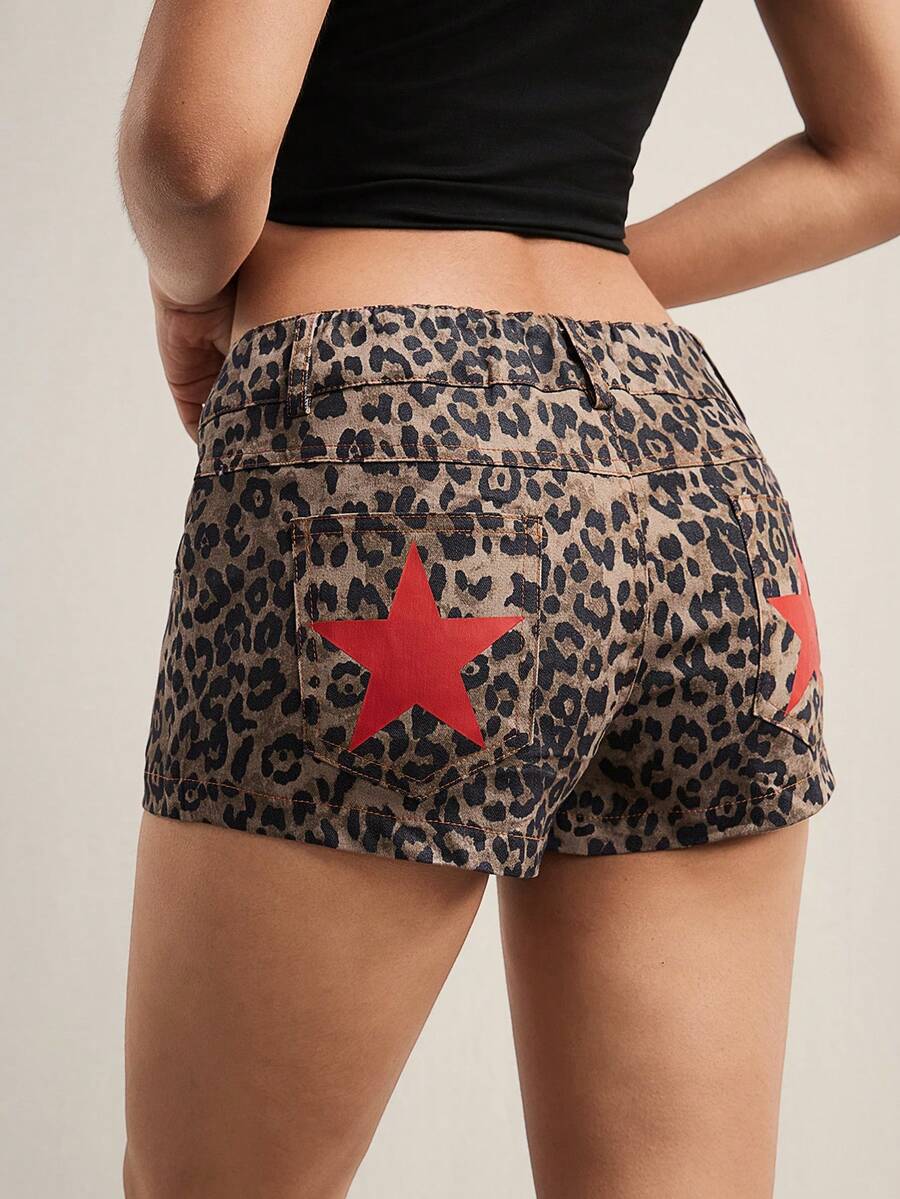 Easelle Leopard Print Star-Print Woven Sexy Women's Shorts, Casual Retro Shorts With Five-Pointed Star Pockets, Red 2026 Casual Shorts. - Khaki - View 1