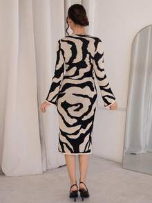 Andrea Bello 女士图案喇叭袖针织毛衣连衣裙 - 杏色 - 查看 2