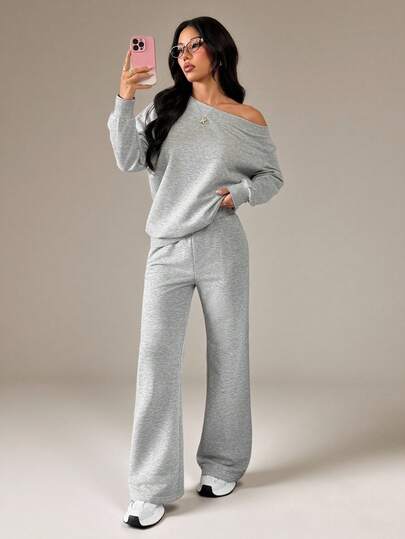SHEIN PETITE Women's Spring/Summer Basic Knit Plain Grey Baggy Off The Shoulder Asymmetrical Neck Long Sleeve Sweatshirt & Flare Pants Workout Set,Two Pieces Outfits Two Piece Set Women Comfy Grey Two Piece Set