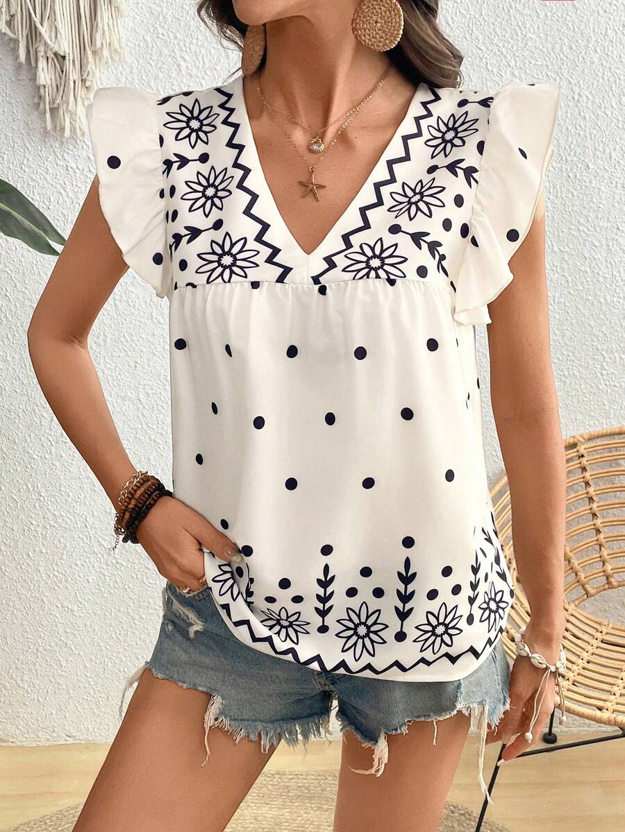 SHEIN Holidaya Camisa informal de mujer con cuello en V y mangas cortas para vacaciones