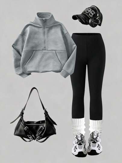 Sparklyn 两件套，少女休闲黑色针织抓绒连帽衫，带袋鼠口袋和半拉链领，搭配弹力腰黑色针织打底裤，适合日常穿着、外出、旅行、运动等各种休闲场合，适合8-12岁女孩。