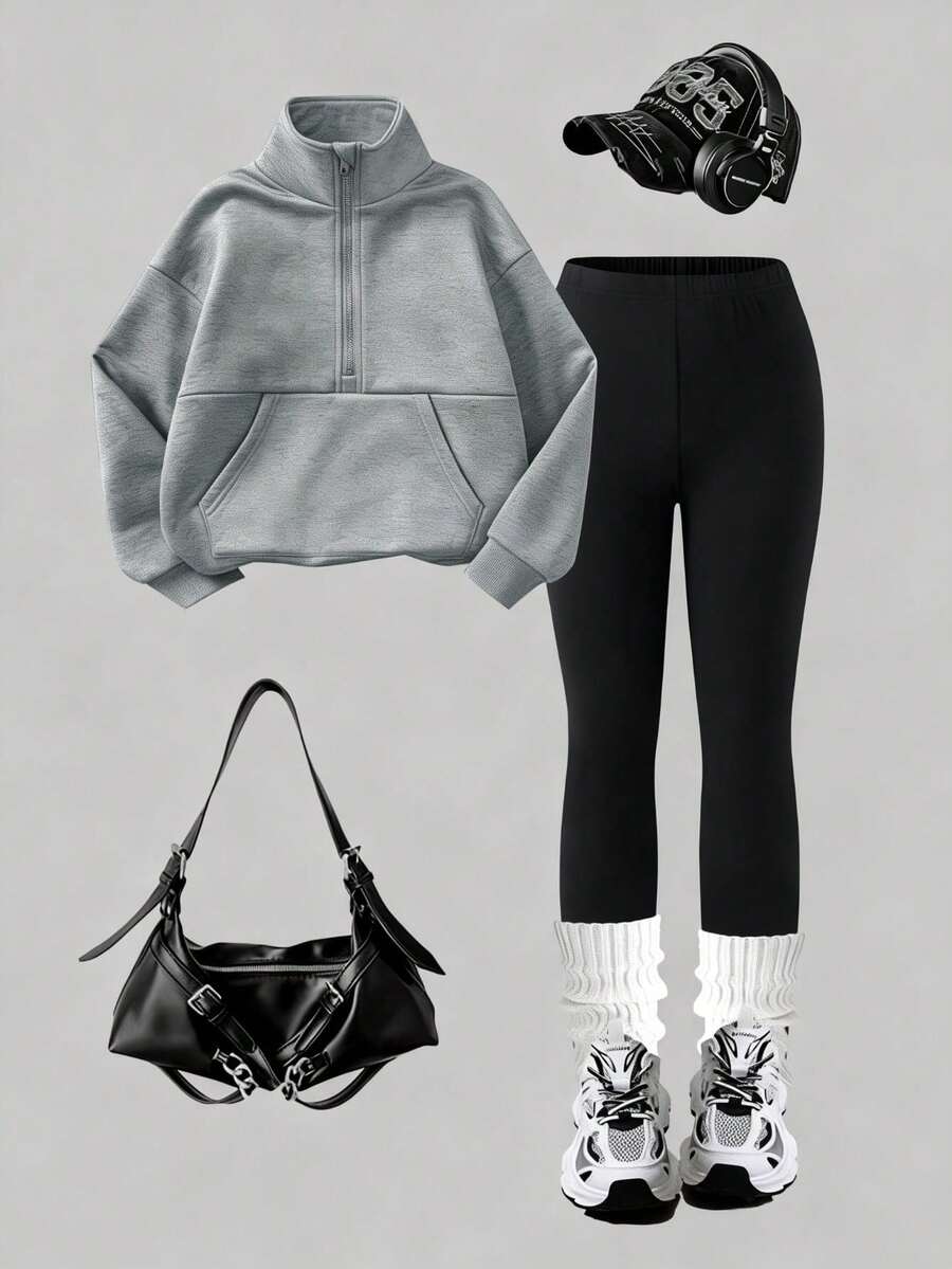 Sparklyn 两件套，少女休闲黑色针织抓绒连帽衫，带袋鼠口袋和半拉链领，搭配弹力腰黑色针织打底裤，适合日常穿着、外出、旅行、运动等各种休闲场合，适合8-12岁女孩。 - 灰色 - 查看 1