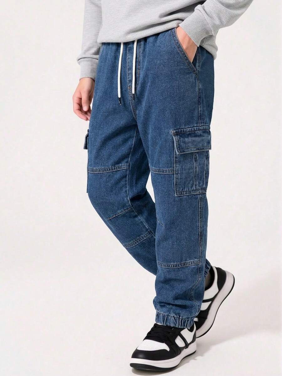 SHEIN Tween-Jungen Vintage Lässig Streetwear Style Mehrere Taschen Locker Bequem Voll Elastische Taille Kordelzug Manschette Denim Cargo Hose