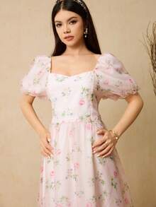 Elegantes Sommerkleid für Teenager-Mädchen mit Blume Muster und Puffärmeln - Verschiedenfarbig - Übersicht 5