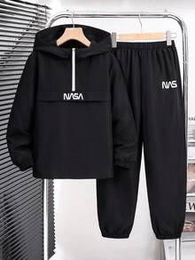 SHEIN 2 件套青少年男孩半拉链连帽夹克和慢跑裤，休闲运动风格适合通勤、上学、日常休闲、旅行、运动，羊毛加厚，适合春季、夏季、秋季、冬季