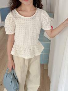 DAZY Áo thun dệt kim tay ngắn cổ tròn dáng phồng cho bé gái tuổi teen, thích hợp mặc mùa thu hè. - Màu be - Xem 6