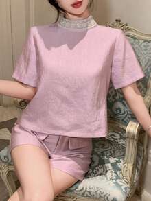 DAZY Women's Elegant Beaded Collar Blouse & Shorts 2 Pieces Set, Summer - Pink - View 5