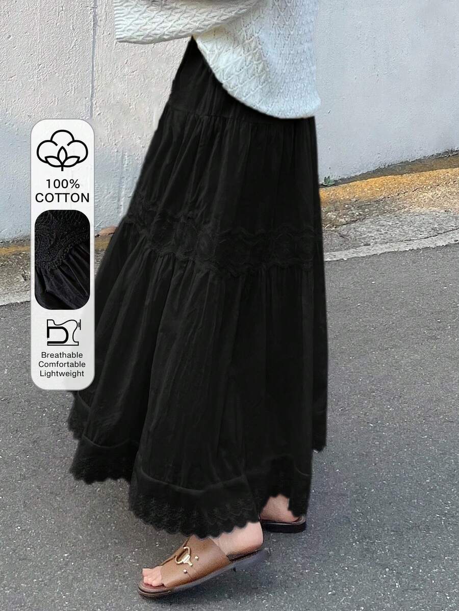 FRIFUL 女士纯色蕾丝拼接时尚百搭度假旅行裙 - 黑色 - 查看 1