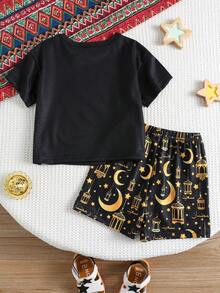 SHEIN 2pcs/Set Baby Boy/Girl Star & Moon Pattern T-Shirt And Patterned Shorts Pajama Set, Suitable For Home And Outdoor Wear - Multicolor - View 4