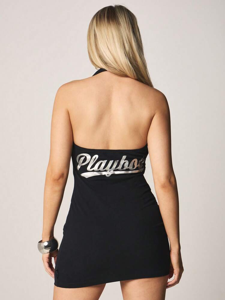 Missguided x Playboy Black Halter Neck Eyelet Mini Dress With Cutout Detail And Metallic Hardware Accents For Cocktail Party Events