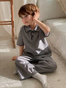 Hapijoa Young Boy Striped Print Drop Shoulder Loose Polo Collar Top And Pants Pajama Set Spring Summer - Grey - View 6