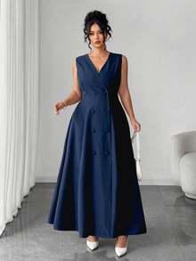 Elenzga 大码女士V领双排扣无袖优雅连衣裙 - 藏蓝色 - 查看 3