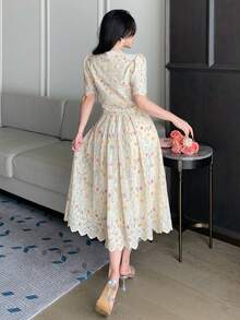 DAZY Bộ 2 chiếc váy maxi nữ thanh lịch, viền ren hoa, thắt eo, phong cách boho, thích hợp cho kỳ nghỉ. - Màu be - Xem 2