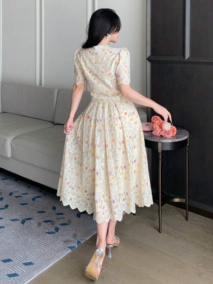 2pcs/Set Women's Elegant Floral Lace Trim Waist Cinched Maxi Dress