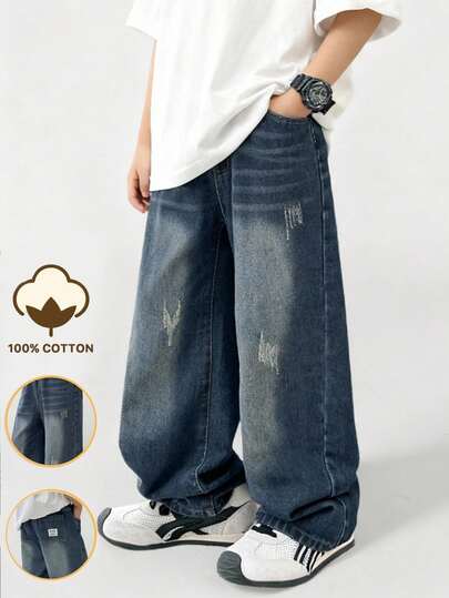 Young BoyRetro Distressed Jeans, Loose Wide Leg Fit, Elastic Waist, Casual Academy Style, Suitable For School, Outdoor Play, Family Outings, All Seasons Baggy Jeans Boys Baggy Jeans Teens Denim Jeans Loose Fit Jeans