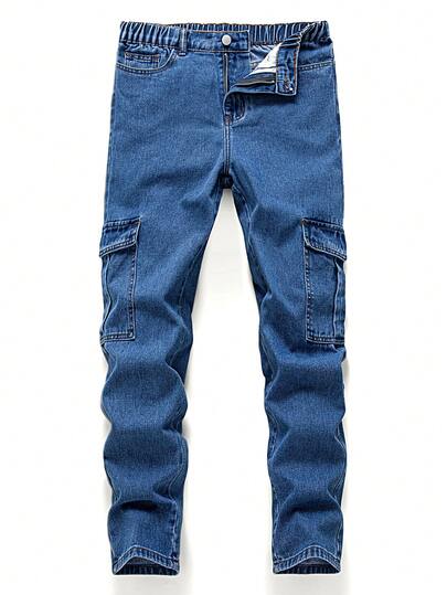 青少年（男）新款休闲时尚工装风水洗蓝色锥形牛仔裤
