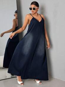SHEIN Mono de mezclilla lavado de moda para mujer de talla grande - Azul lavado oscuro - Ver 4