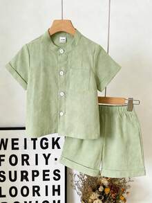 男婴褶皱领衬衫和松紧腰短裤套装（2件套），适合通勤、休闲、度假、运动、聚会、春夏季节穿着，尺码6个月至3岁，儿童服装，婴儿服装 - 薄荷綠 - 查看 4